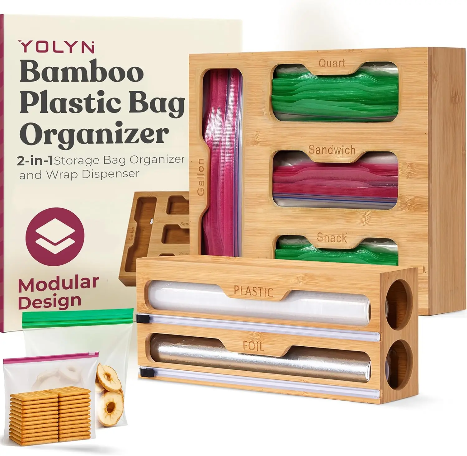 

Bamboo Kitchen Drawer Organizer with Foil Dispenser for Bags, Wrap & Baggies