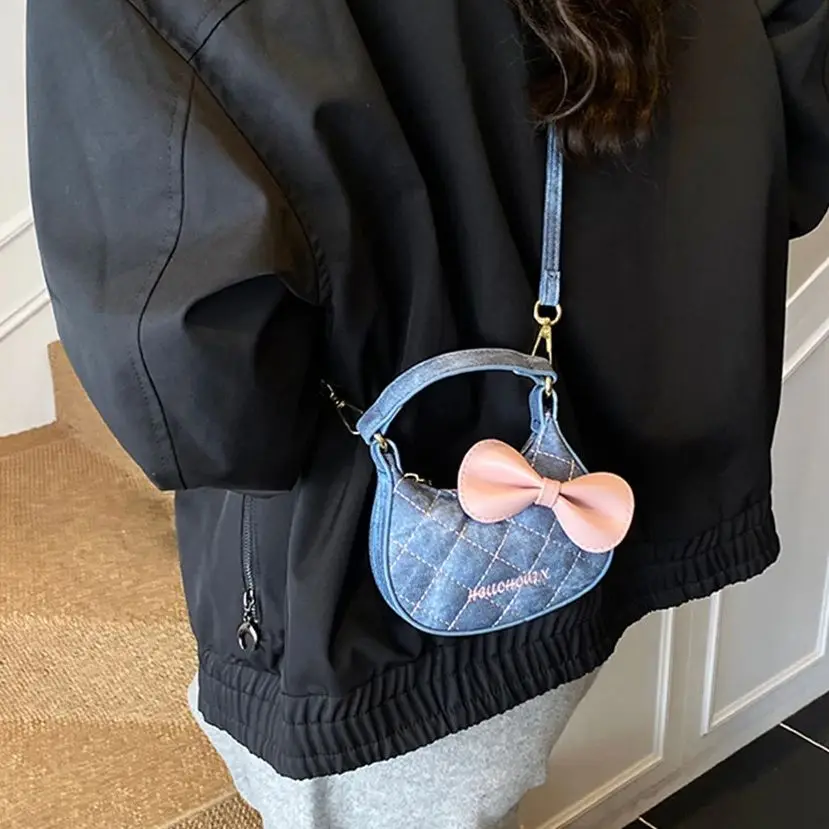 Bowknot Mini Crossbody Bag 2025 Autumn Simple Chic Casual Grid Design of Stitching Line Small Handbag Cute Women's Purse