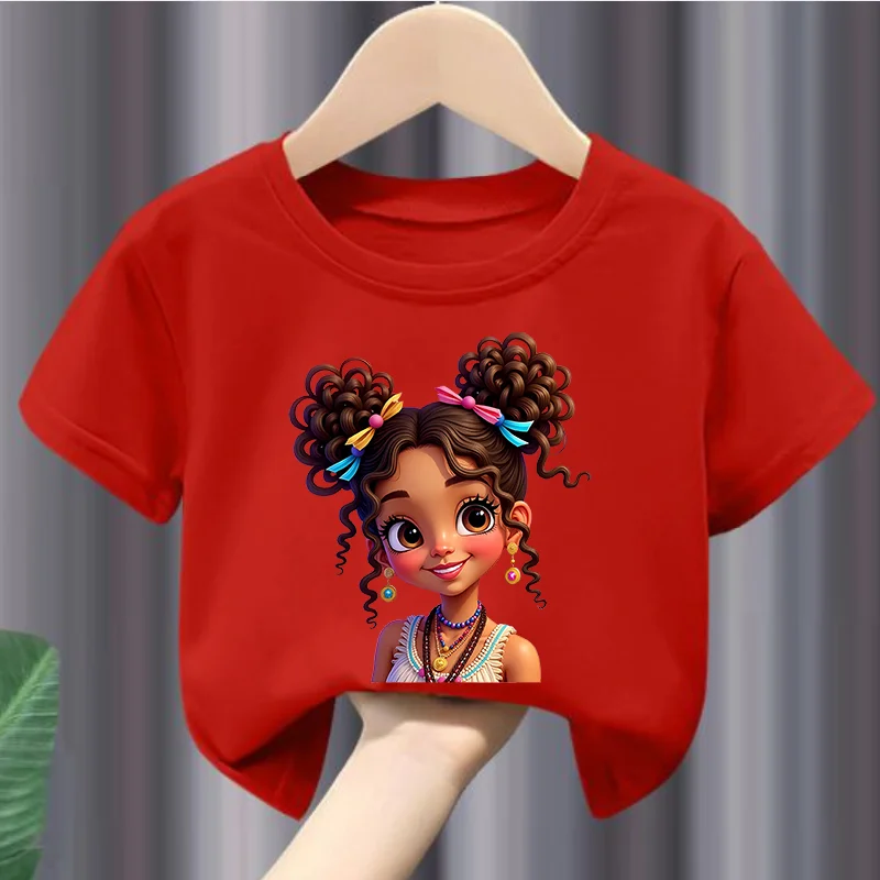 

Summer Fashion Short Sleeve T-Shirt for Girls with Cartoon Print Double Tail Design Casual Top for Kids Polyester fabric