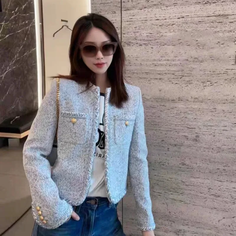 

Women Tweed Jacket Long Sleeve Cropped Jacket Short Tops Korean Chic Coats Cardigan Women Clothing Blue