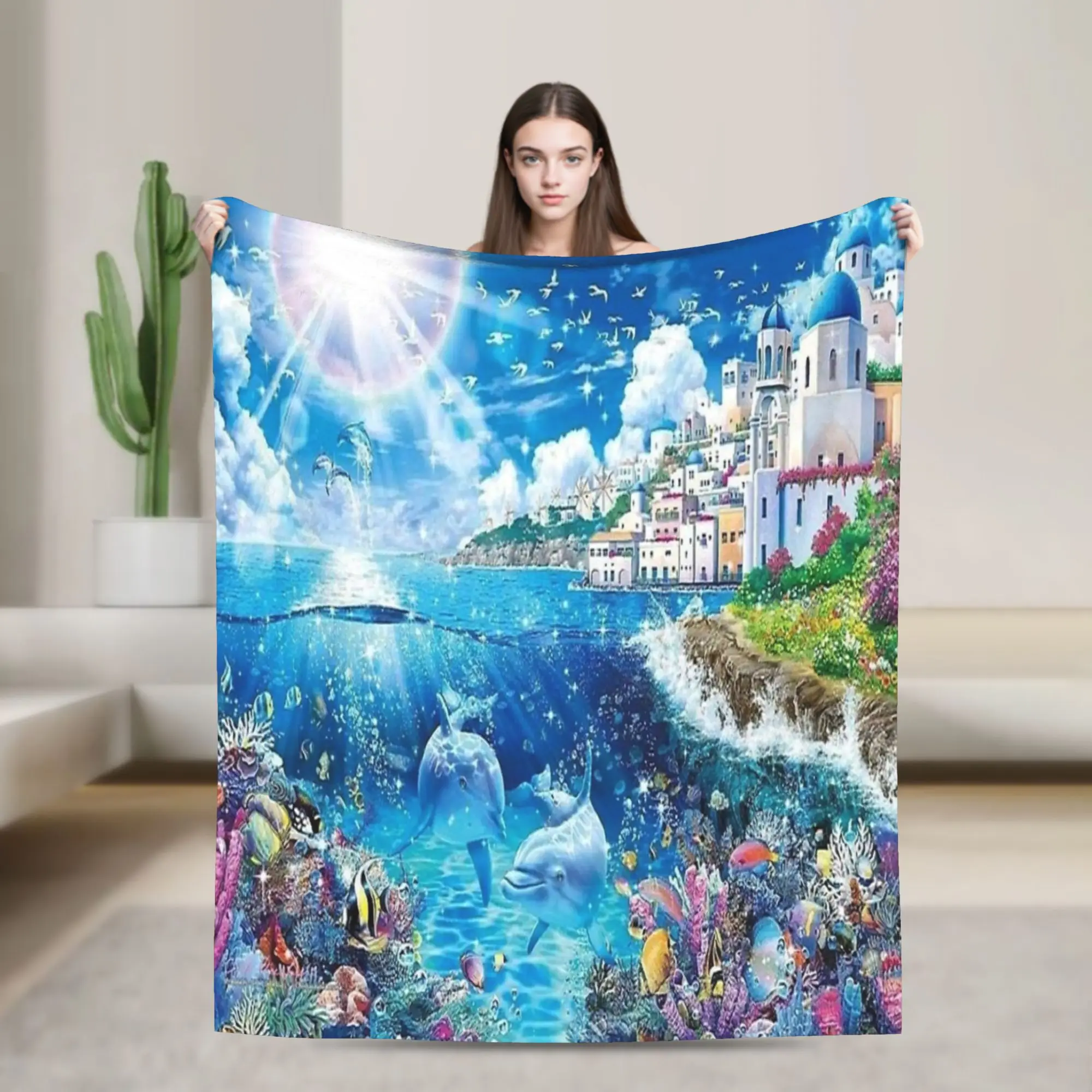 Dolphin Heaven How It Feels Blankets Frutiger Aero Flannel Throw Blanket Home Couch Printed Lightweight Bedspreads