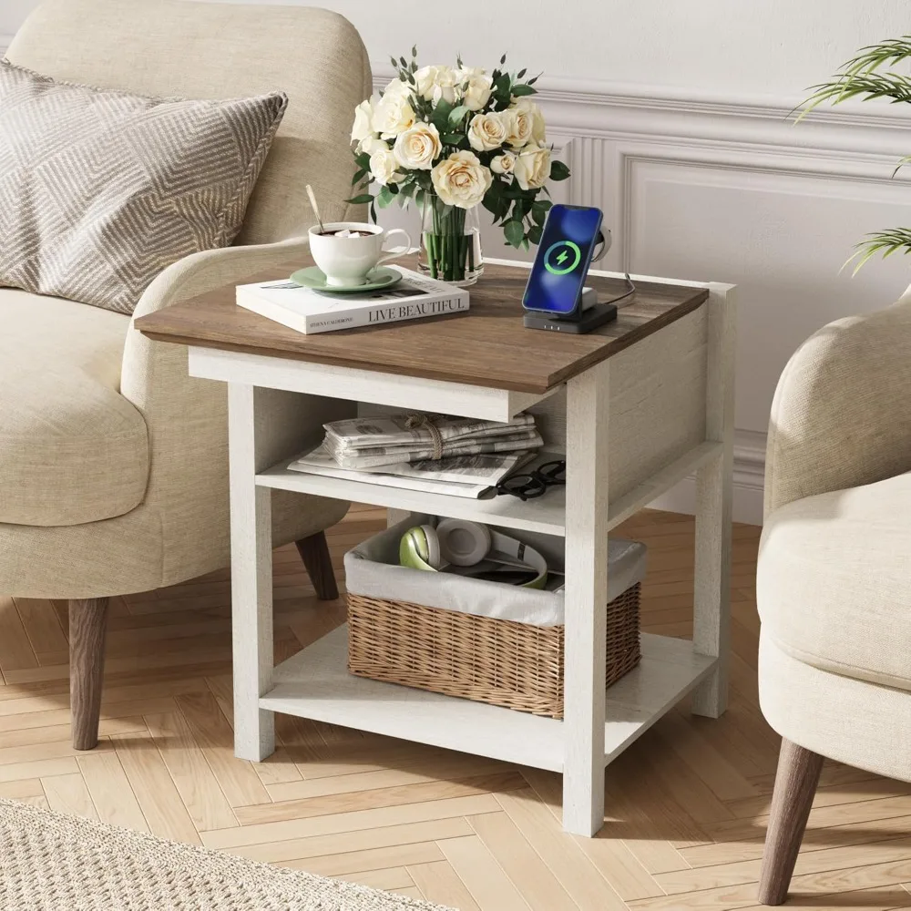

Sliding Side Table with Charging Station, 21" Nightstand, Hidden Night Stand with Charger Station, 2-Tier Storage