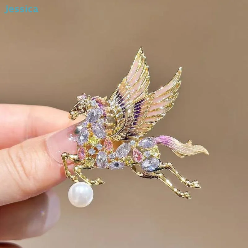 ♥Sparkling Crystal Pegasus Brooch - Enamel Winged Horse Lapel Pin with Faux Pearl