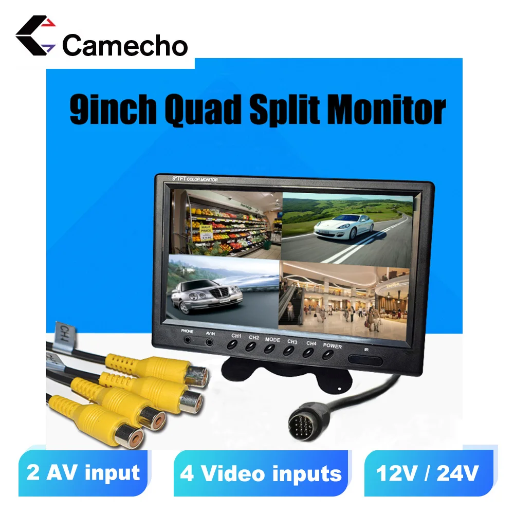 Camecho-9 인치 4 분할 화면 자동차 모니터 RCA 커넥터가 있는 12V / 24V 머리 받침 후방 모니터, 6 모드 디스플레이 원격 제어