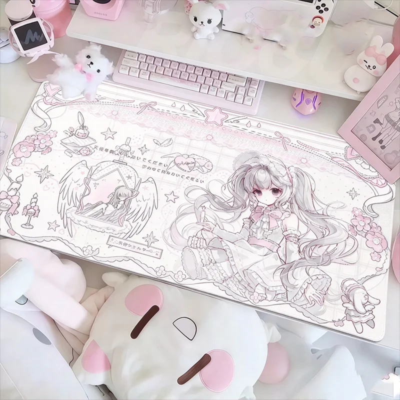 Pink Sweet And Cute Girl Polka Dot Pig PU Leather Mouse Pad Keyboard Office Desktop Decoration Student Dormitory Waterproof