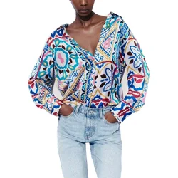 Women's Single Breasted Long Sleeved Top with Elastic Waist Pants, Printed Satin Texture Fashion, Casual Versatile, New