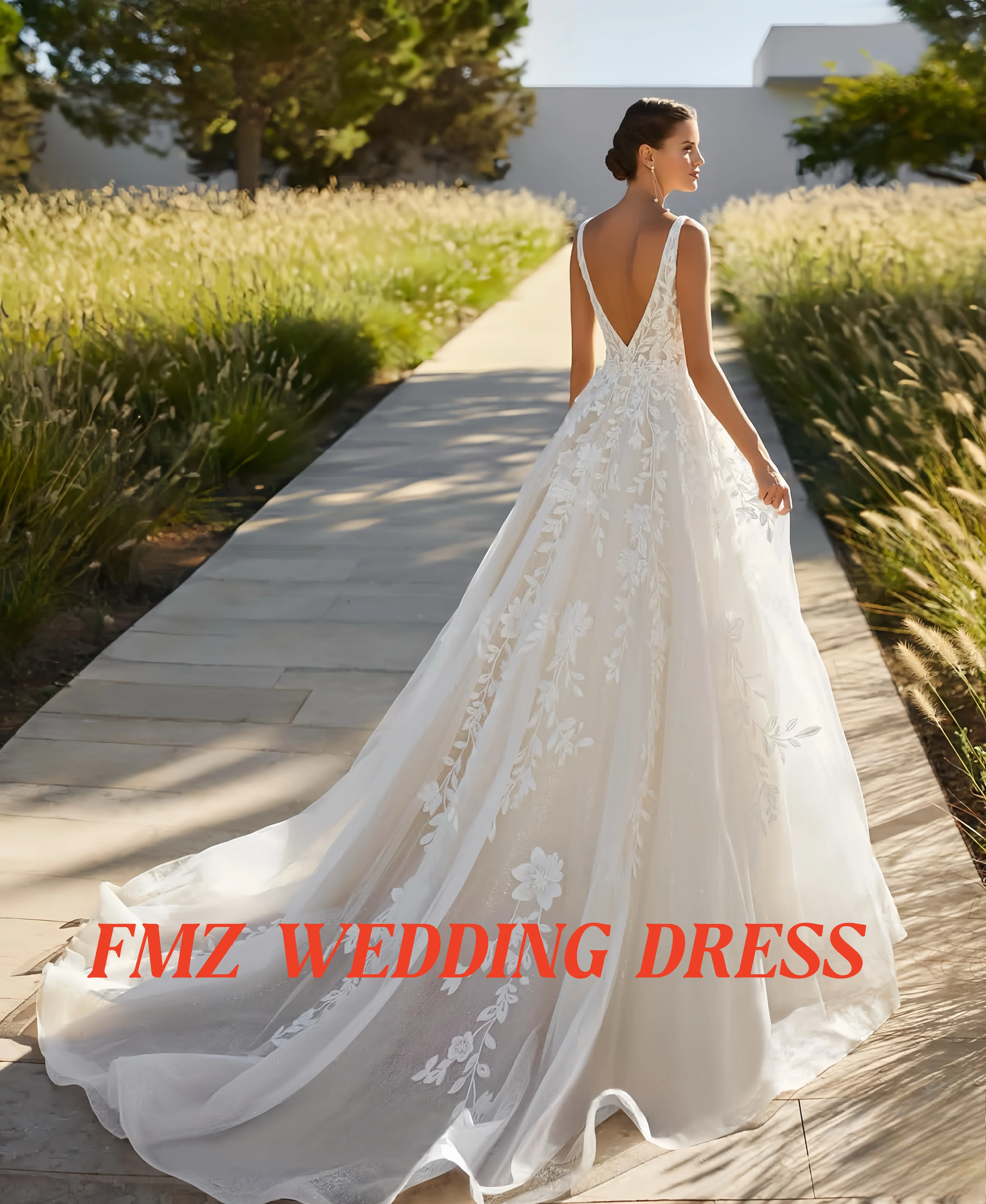 Personnalisé col en v sans manches a-ligne robe de mariée élégante robes de novia amanda novias amanda novias officiel