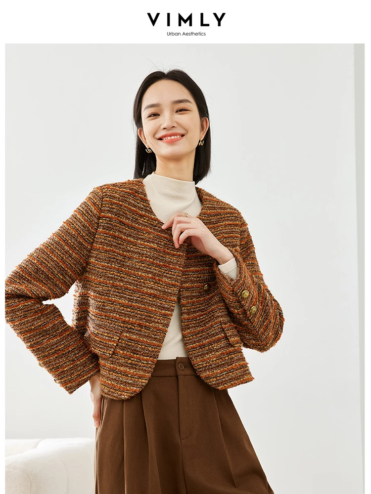 Vimly Rainbow Striped Cropped Tweed Jacket O-neck Long Sleeve Thick Quilted Coat 2023 New Wool Blend Winter Outerwears M5287