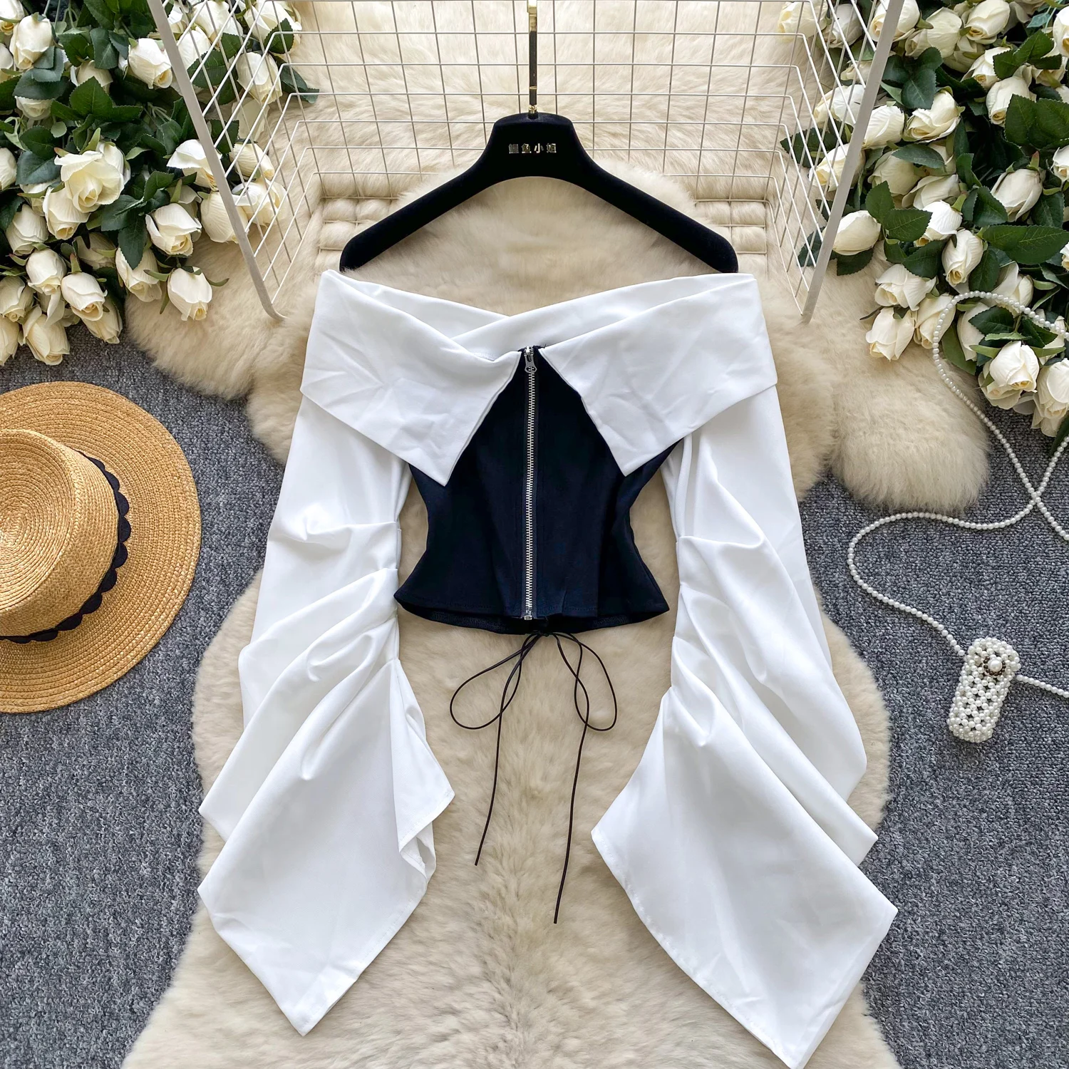 Camicetta vintage slash neck Draw String manica lunga Slim Elegante Moda Donna hotsweet Camicia abbigliamento donna