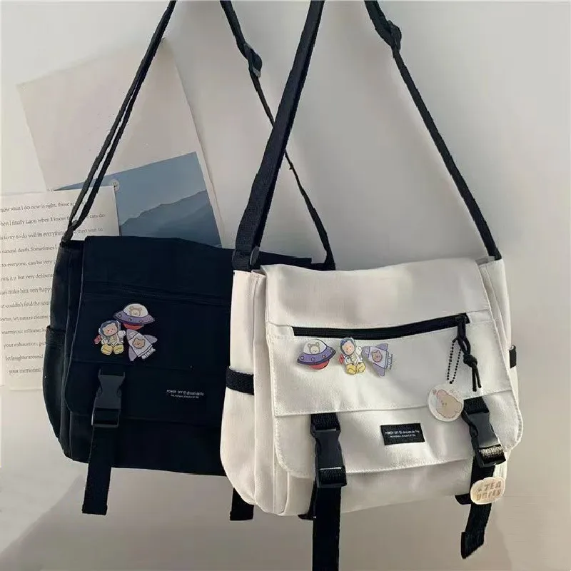 Harajuku Versatile Canvas Women Crossbody Bags Solid Color Casual Handbag Shoulder Bag Teen Girls Messenger Bag Satchels