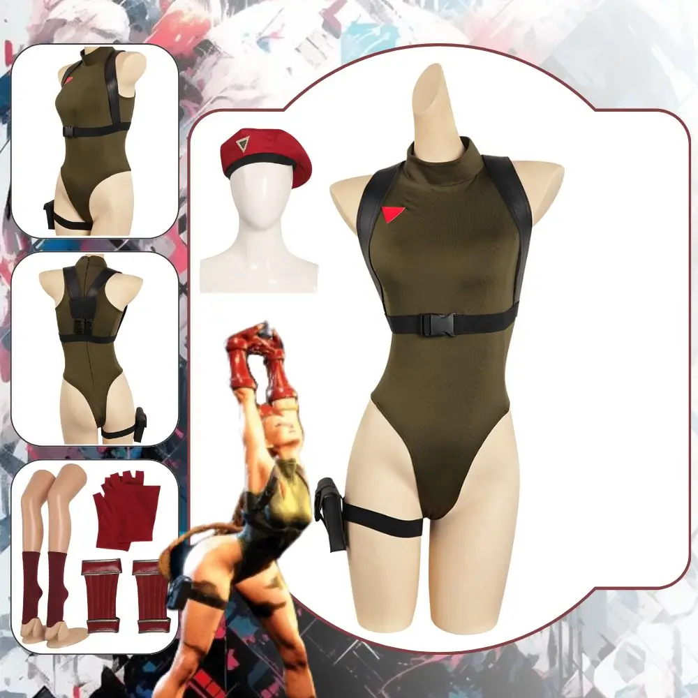 Costume de Cosplay de Rue Cammy pour Femme Adulte, Déguisement Fantaisie, Combinaison, Gants, Chapeau, Tenue d'Halloween, Carnaval Trempé