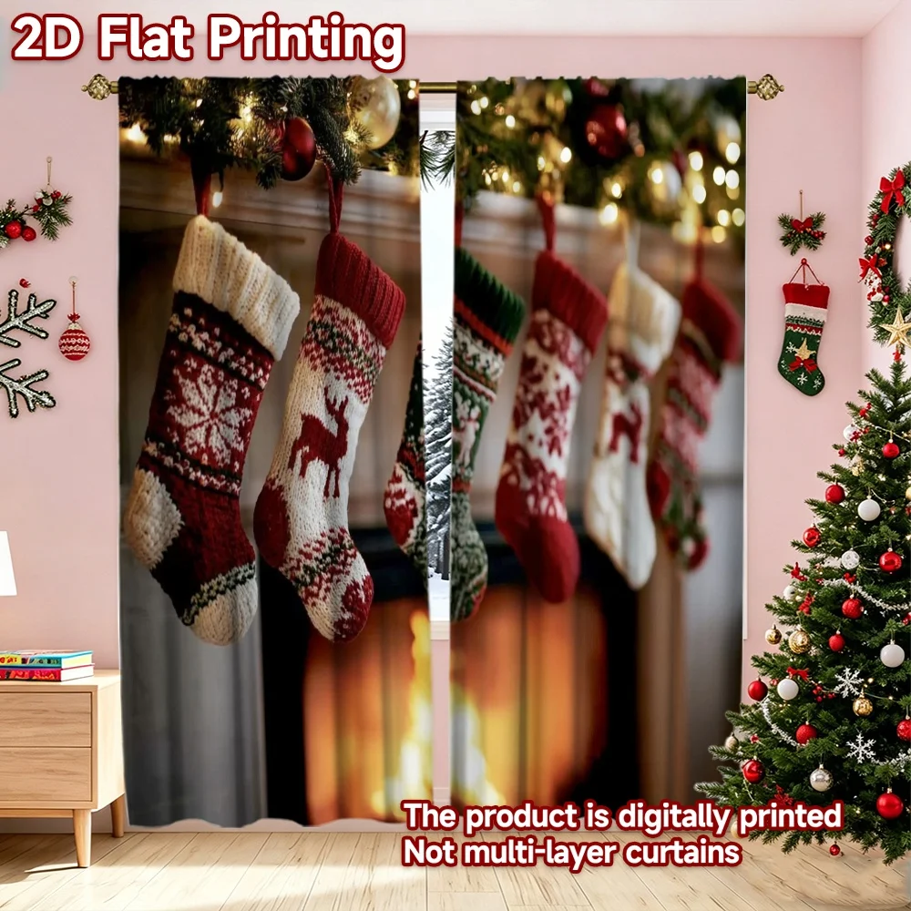 2D flat printing 2pcs High-Quality Christmas Curtains Christmas Fireplace Stockings Beautiful and stylish, 100% polyester fiber