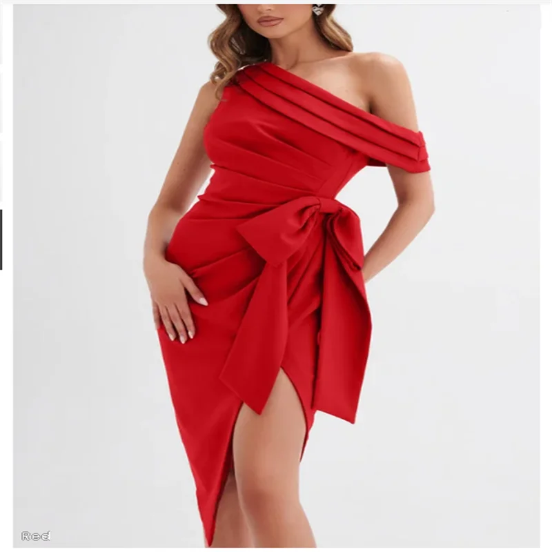 Vestido de fiesta, vestidos de noche, vestido de Nochevieja para niñas, tubo/columna, vestidos de noche de satén elástico con un solo hombro y lazo