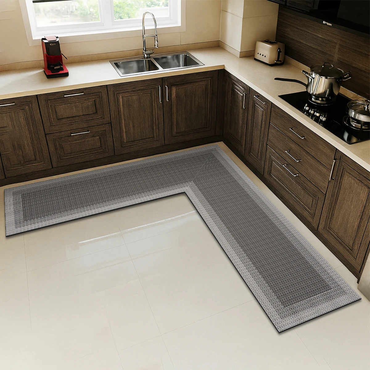 L-Shaped Diatom Mud Kitchen Floor Mat, Water Absorbent Rug with Rubber Backing and Non-Slip Design for Kitchen, Bathroom, Toilet and Entrance