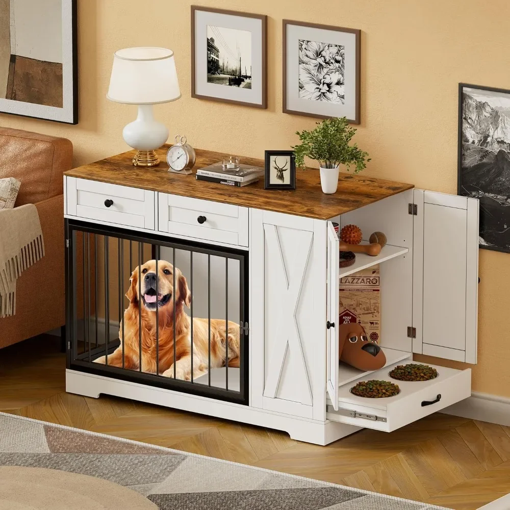 

Dog Crate Furniture Kennel with Double Doors, Wooden Pet House with 2 Drawers and Pet Feeder Station Storage Cabinet