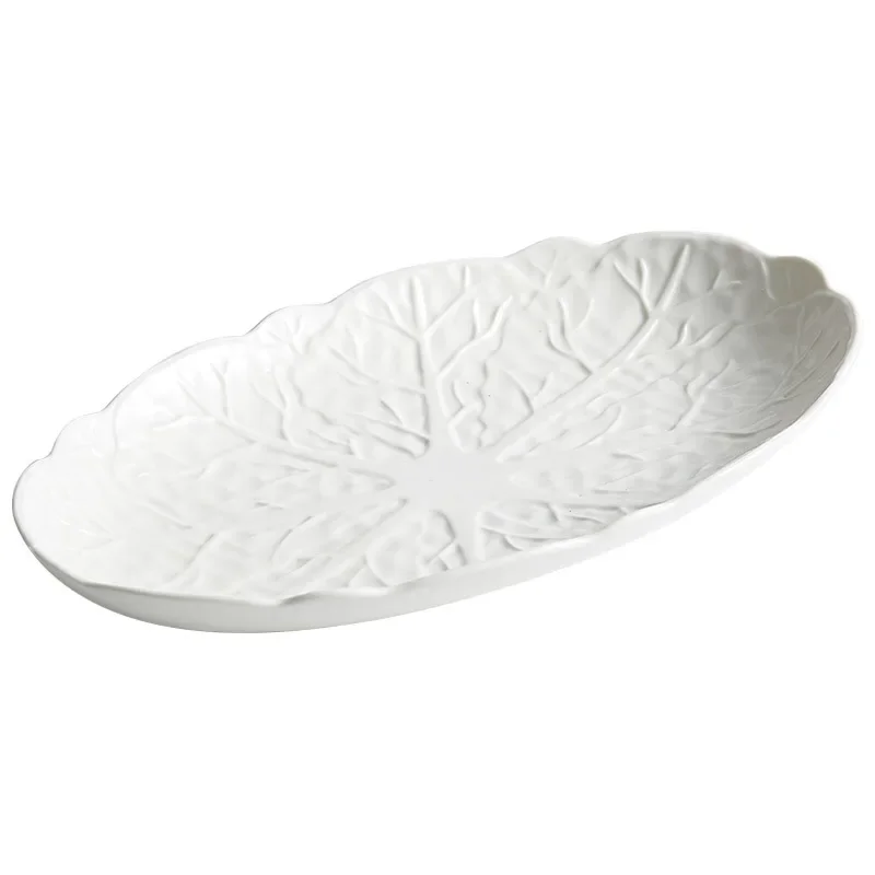 Oval Fish Steaming Plate Ceramic Fish Plate New Homehold Light Luxury High-Grade Japanese Creative Cabbage Relief Dish