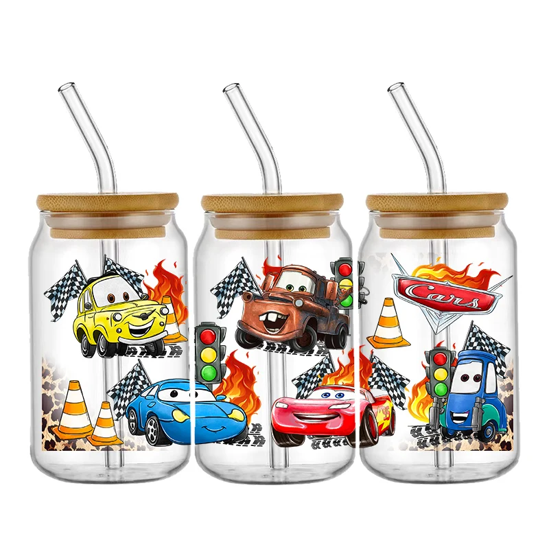 Disney cartoon cars padrão uv dtf transferência adesivo à prova dwaterproof água transferências decalques para 16oz copo de vidro envoltório adesivos