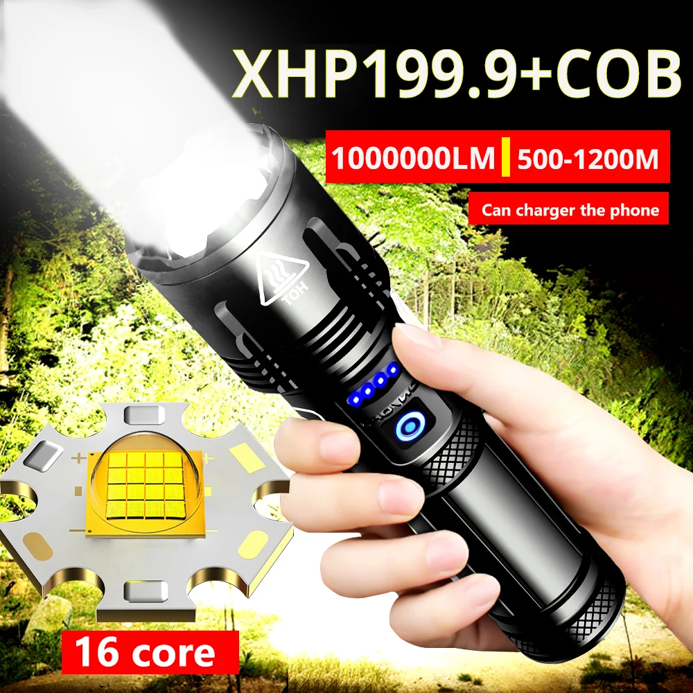 1000000LM XHP199.9 Most Powerful Led Flashlight XHP50 High Power Torch light Rechargeable Tactical flashlight 26650 Camping Lamp