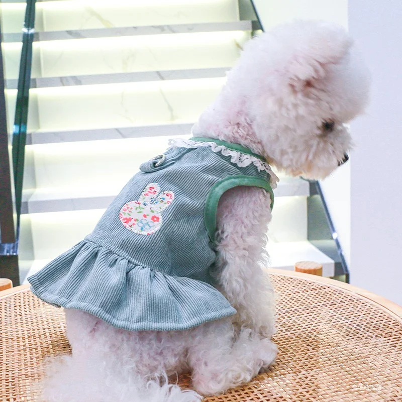 1PC Pet Clothing Cat Dog Spring and Autumn Thin Green Rabbit Princess Dress with Towing Strap, Suitable for Small and Medium Dog