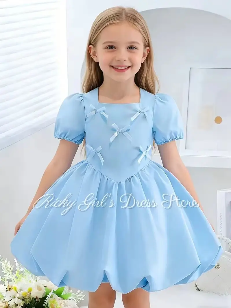 Short Sleeve Bows Sky Blue Flower Girl Dress For Birthday Party Pageant Formal Receptions Customized Satin Prom Ball Gown