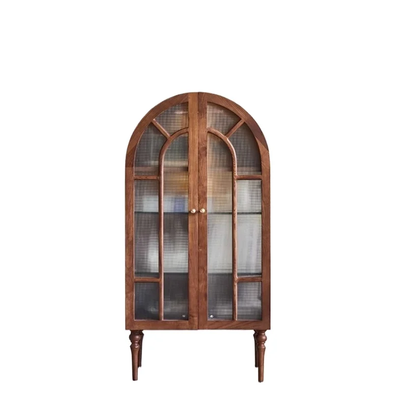 

French retro solid wood dining side cabinet, living room display medieval furniture glass side cabinet