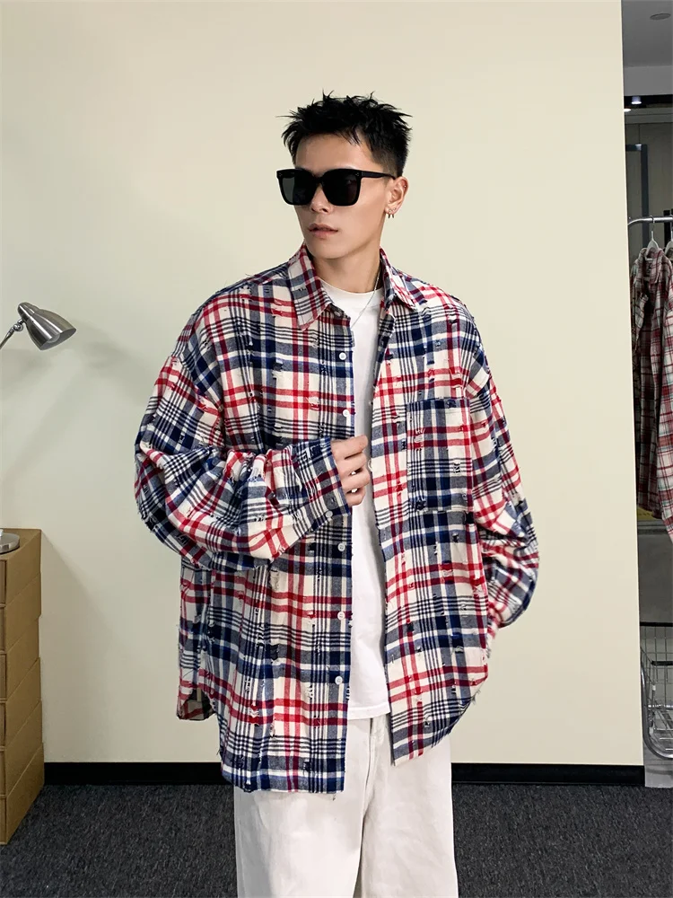 

Loose Fit Long Sve Men's irt Casual Classic Collar Korean Sle Plaid Design Autumn Faion Teenager Casual Sport Suit