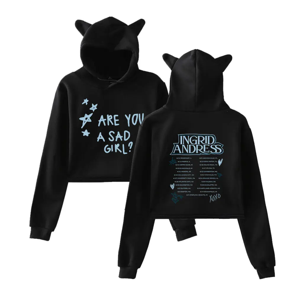 

Ingrid Andress Are You a Sad Girl Cat Ear Hoodie Women Long Sleeve Sweatshirts Casual Streetwear Crop Tops