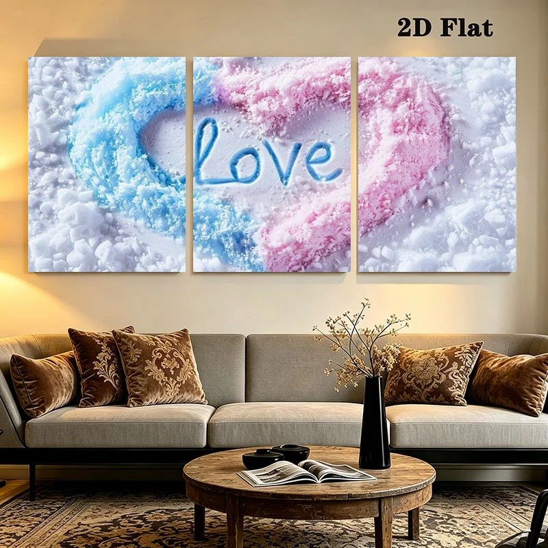 2D Flat, 2D Flat, 3pcs Romantic Powder Heart Love, Wall Art Frameless No Frame, Living Room Bedroom Decor, Birthday Gift Hous