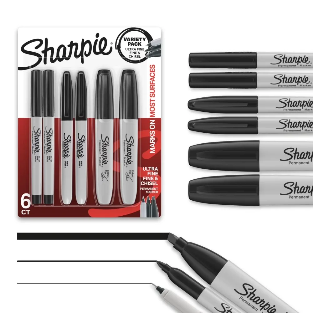 Multi Tip Permanent Markers Fine Ultra Fine Chisel Tip Black Ink Set of 6