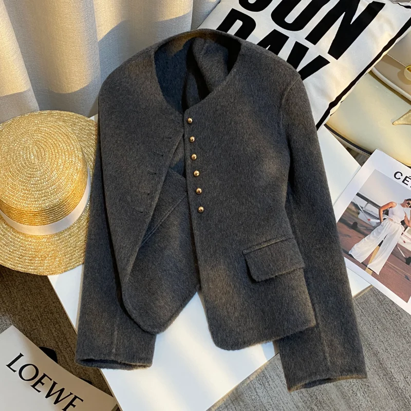 

Dark Gray Double-sided Short Coat Women's Autumn Winter New Simple Vintage Wine Loose High Quality Wool Blended French Coat