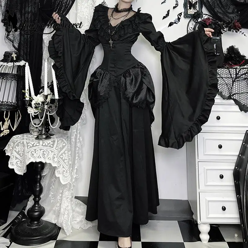 

[You're My Secret] Goth Lolita Skirt Sets Pure Black Sleeves Fishbone High Waist Shirt Goth Slim Blouse Long Skirt 2-Piece Set