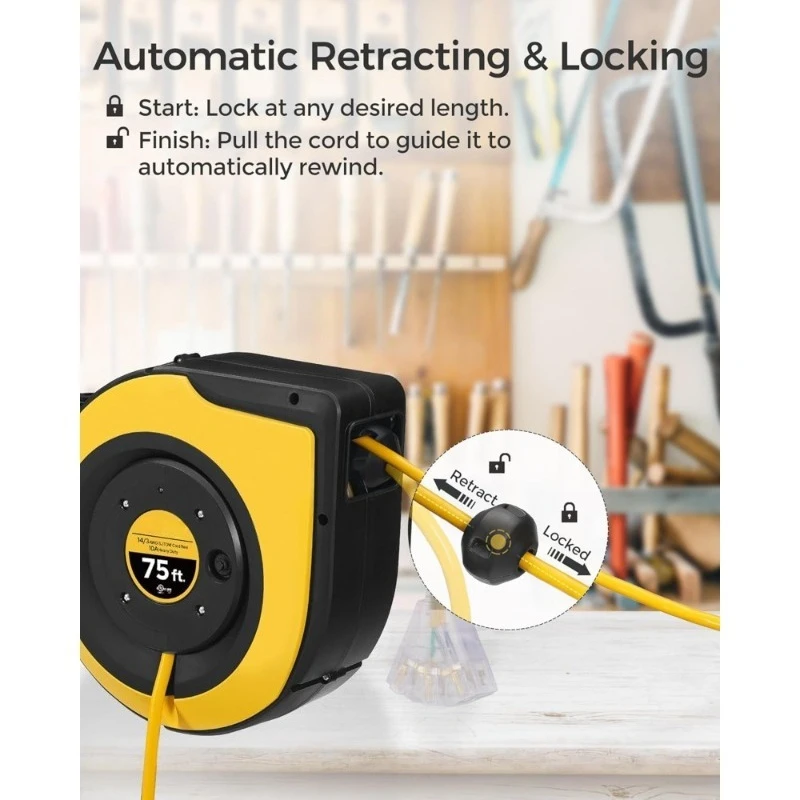 بكرة سلك تمديد قابلة للسحب 75 قدم شديدة التحمل 14AWG 3C SJTOW منفذ ثلاثي مع قاطع دائرة جدار سقف جبل UL #2