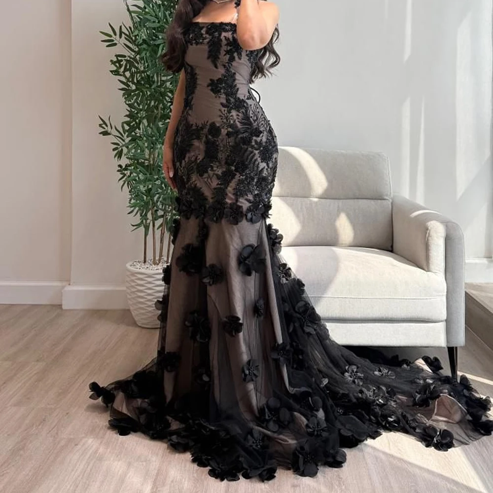 

Customized Mermaid Evening Dresses Floor-length Strapless Sleeveless Prom Gown Fashion Lace Flowers Simple Draped Party Gown