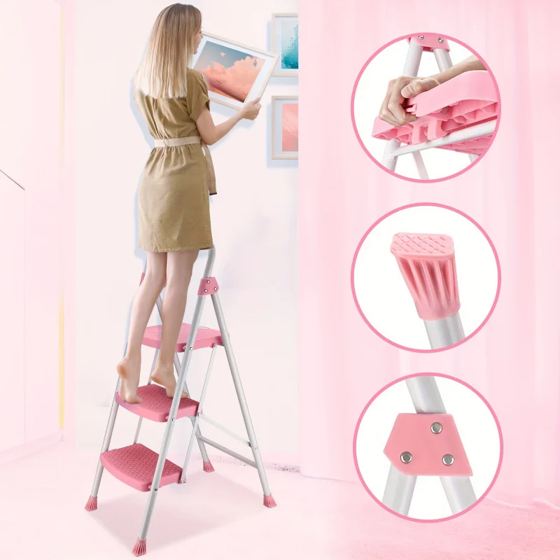 

Two-step/three-step pink ladder, folding step stool with handle, wide non-slip pedal, easy to fold for storage, lightweight, mul