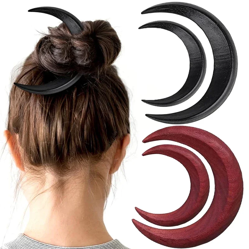 Retro Wooden Moon Hair Sticks Solid Hand Carved Wood Crescent Hair Forks for Women Hairpin Comb Clip Styling Retro Hair Jewelry