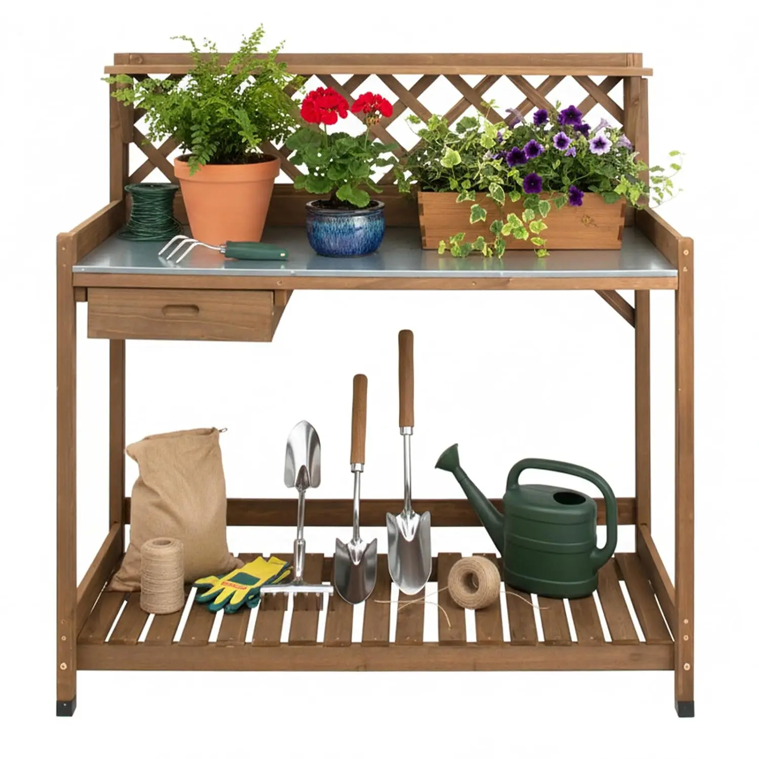 Garden Potting Bench with Metal Tabletop,Outdoor Potting Table Workstation Benches with Drawer/Storage Shelf，Fir, Customized
