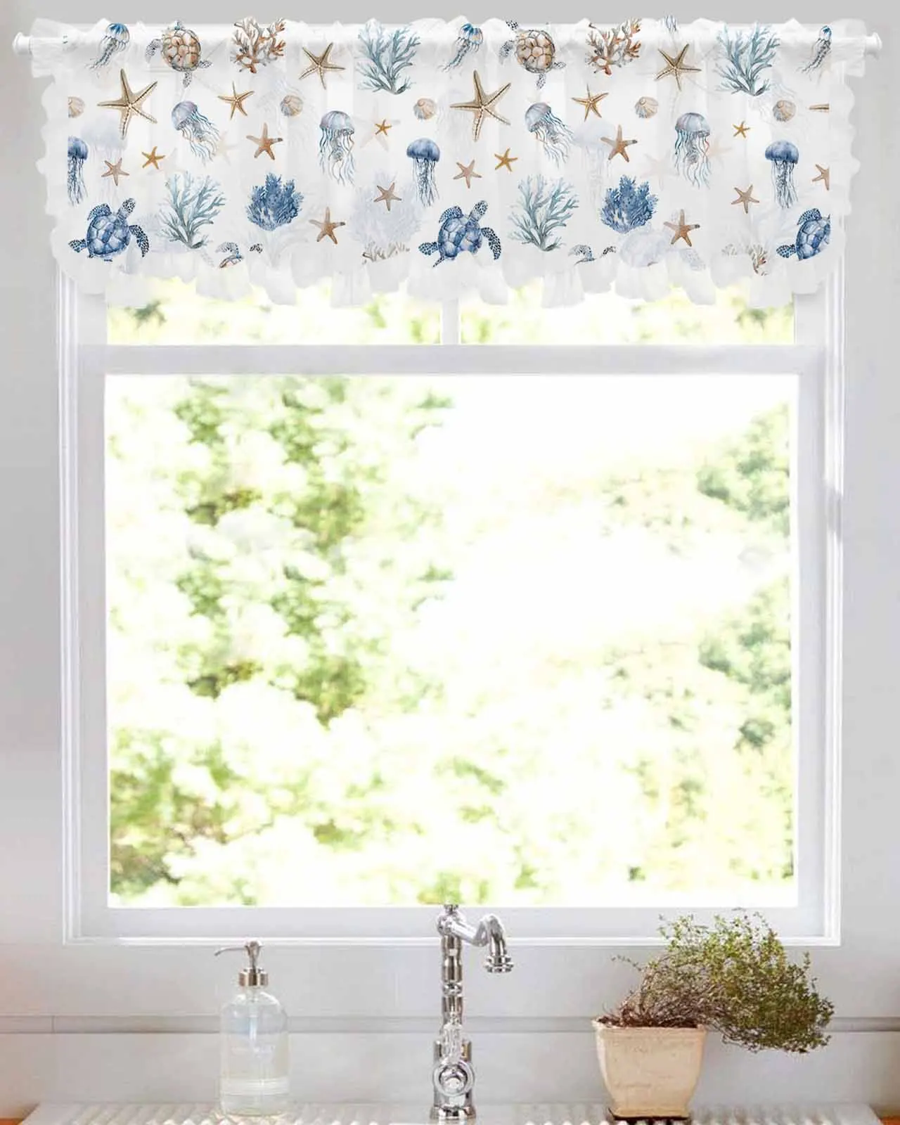 

Sea Turtle Coral Jellyfish Short Tulle Half Curtains for Living Room Kitchen Door Cafe Window Sheer Valance Drapes