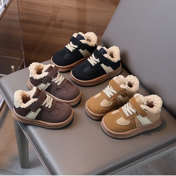 Winter Children's Shoes Warm Plush Girls Versatile Cotton Shoes Fashion Non-slip Patchwork Kids Casual Shoes Simple Hook Loop