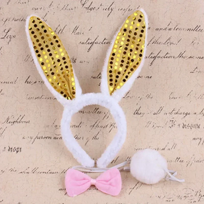 24pcs Plush Bunny Long Ears Sequin Headband Bow Tie Tail Cosplay Dress Up Party Easter Halloween