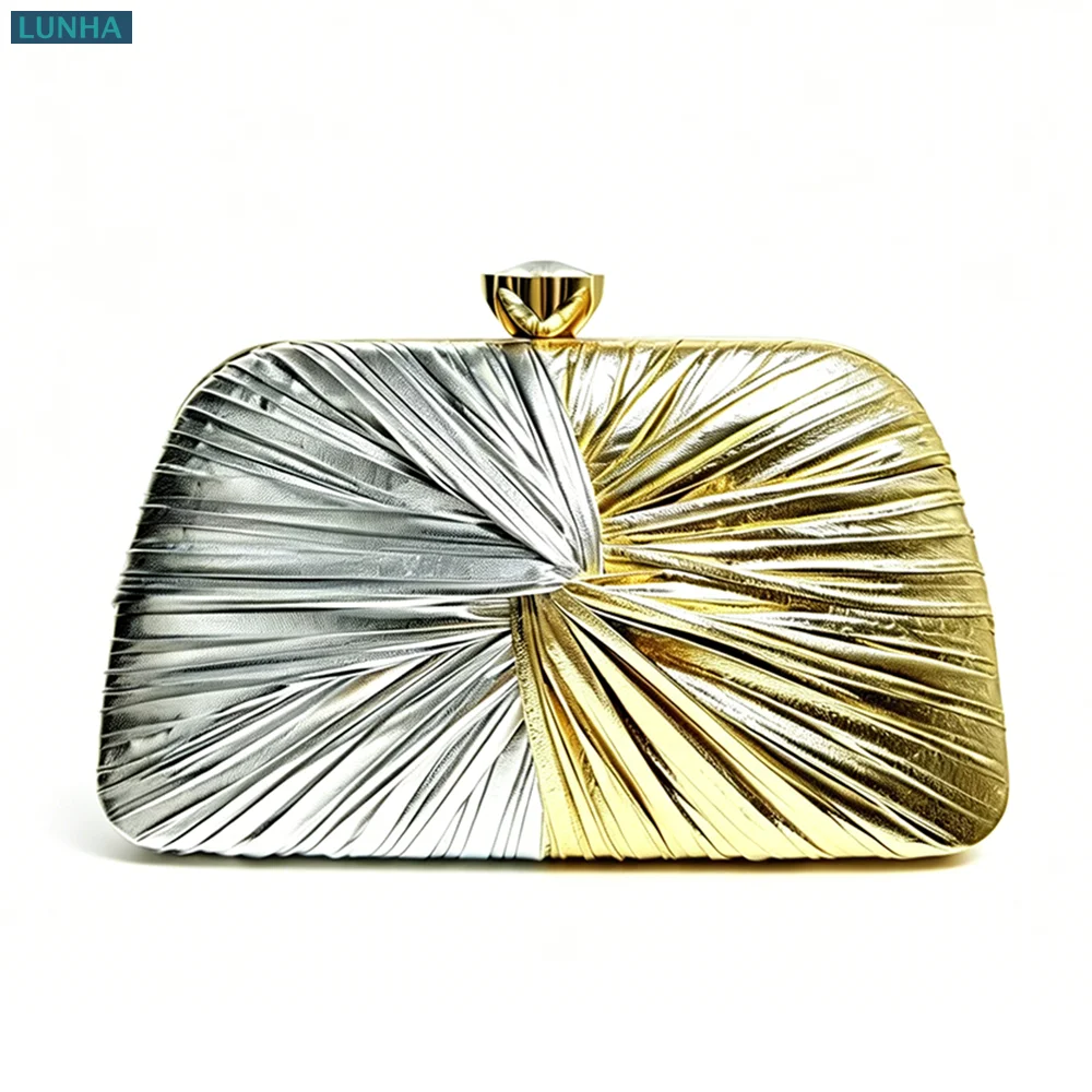 Women Two-Tone Twisted Knot Hard Shell Evening Clutch Bag Gold Silver Crossbody Chain Purse for Wedding Prom Formal Occasions