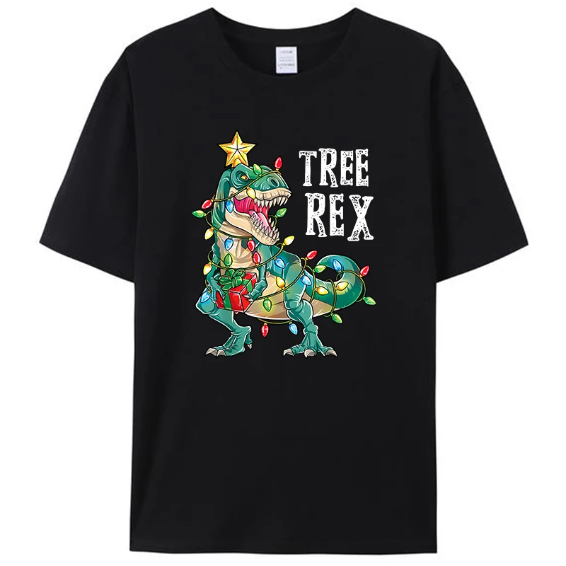 

Dinosaur Christmas Tree Rex Pajamas Men's Boys Xmas Lights T-Shirt Casual Women Cotton Short Sleeve Tee Shirts Novelty Gift Tops