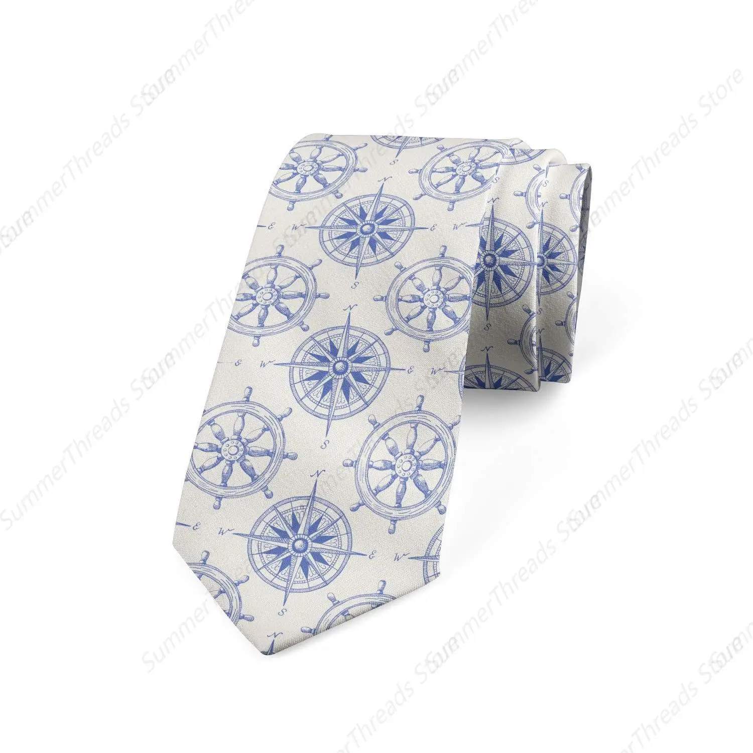 Men's Tie, Wheel and Compass Motifs White and Blue Ties