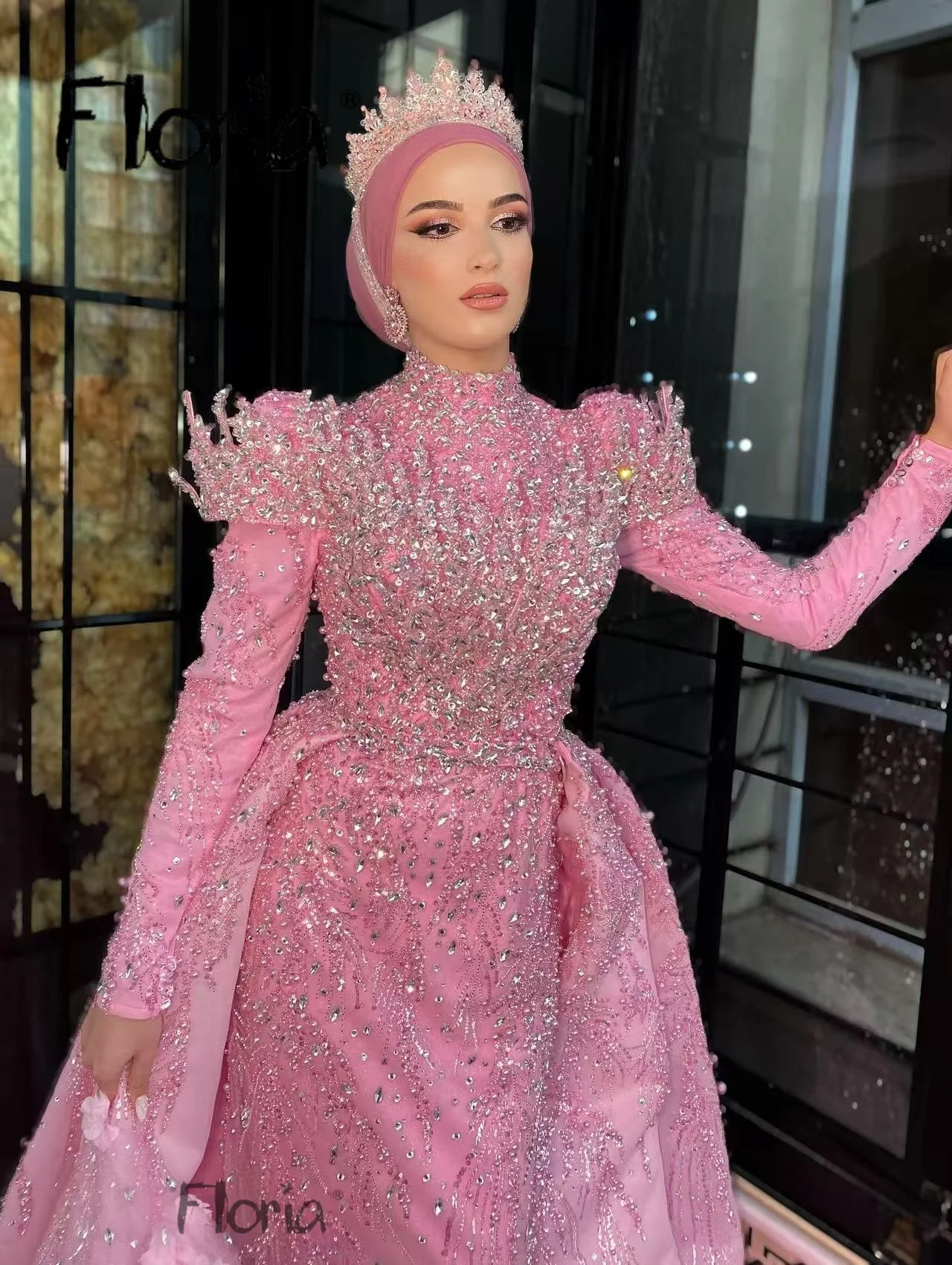 Pink Muslim Plus Size Formal Dresses Bridal Long Sleeve Gillter Beaded Applique Caftan Morocca Evening Gown Outfit Customsized