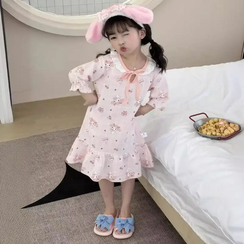 Kawaii Sanrioed Pyjama Anime Mijn Melodie Kuromi Cinnamoroll Meisjes Nachtjapon Kids Schattige Loungewear Prinsessenrok Zomer Nachtkleding