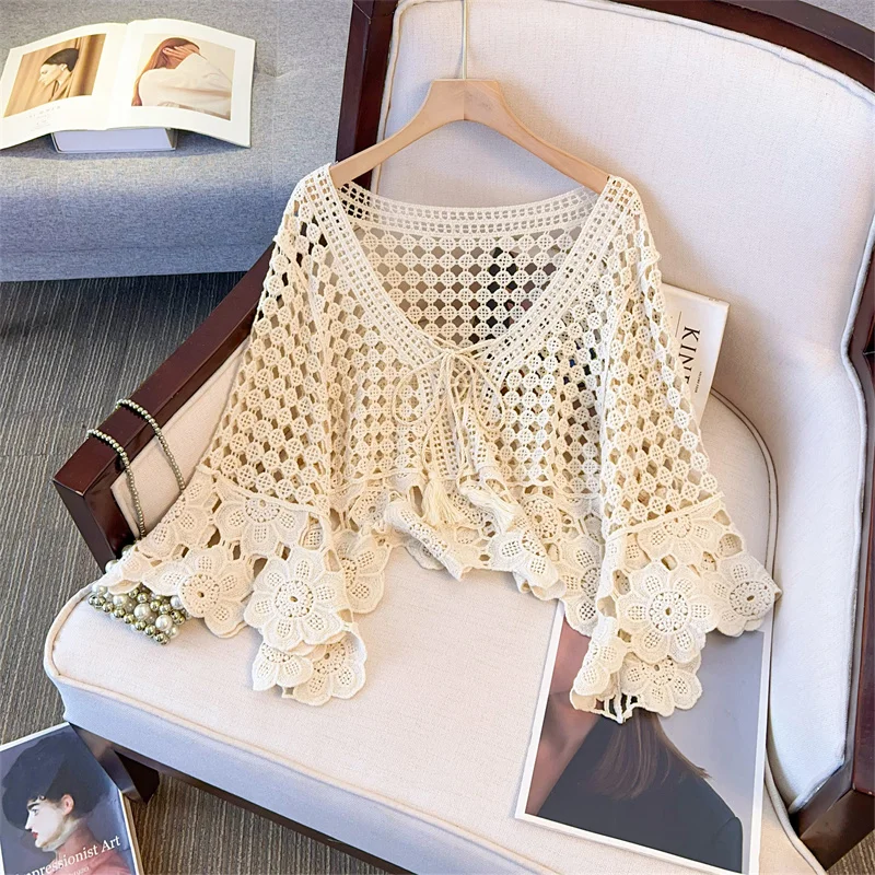 

Summer Flare Sleeve Pullovers Tops Hook Flower Hollow Out Knitted Shirt Casual Loose Sun Embroidery Blouse Sunscreen Clothing