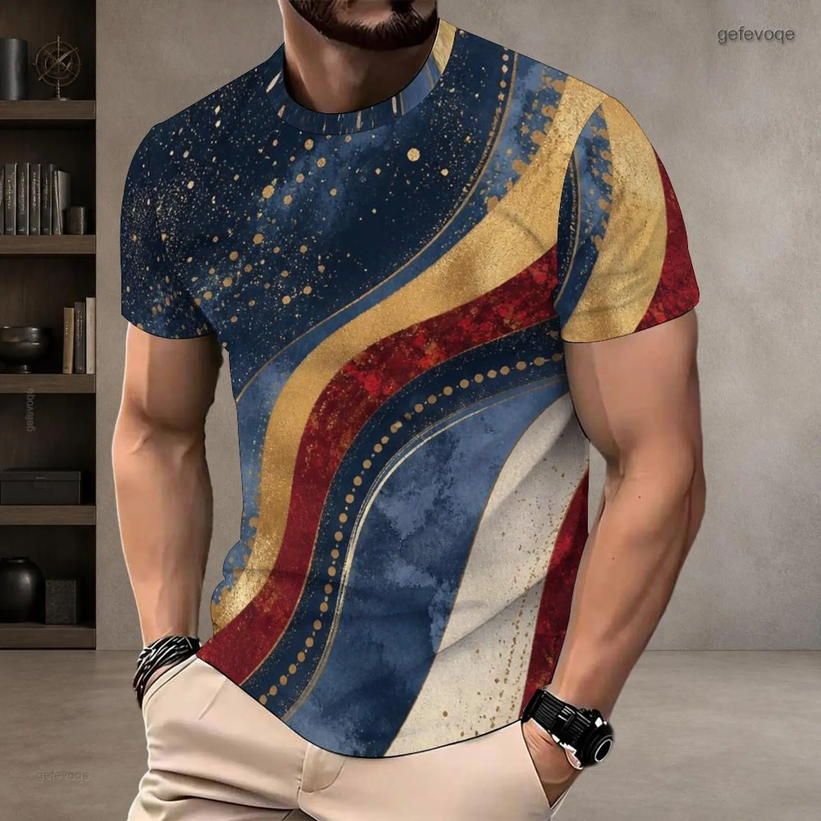 Men Round Neck Short Sleeve T-Shirt Navy Blue Red Gold White Abstract Wavy Stripe Printed Pullover Top