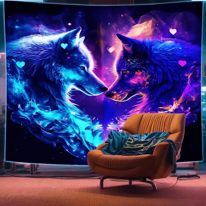 Couple Wolves Wall Tapestry Cosmic Love Art Neon Blue Purple Design Romantic Wildlife Mural For Bedroom And Living Room