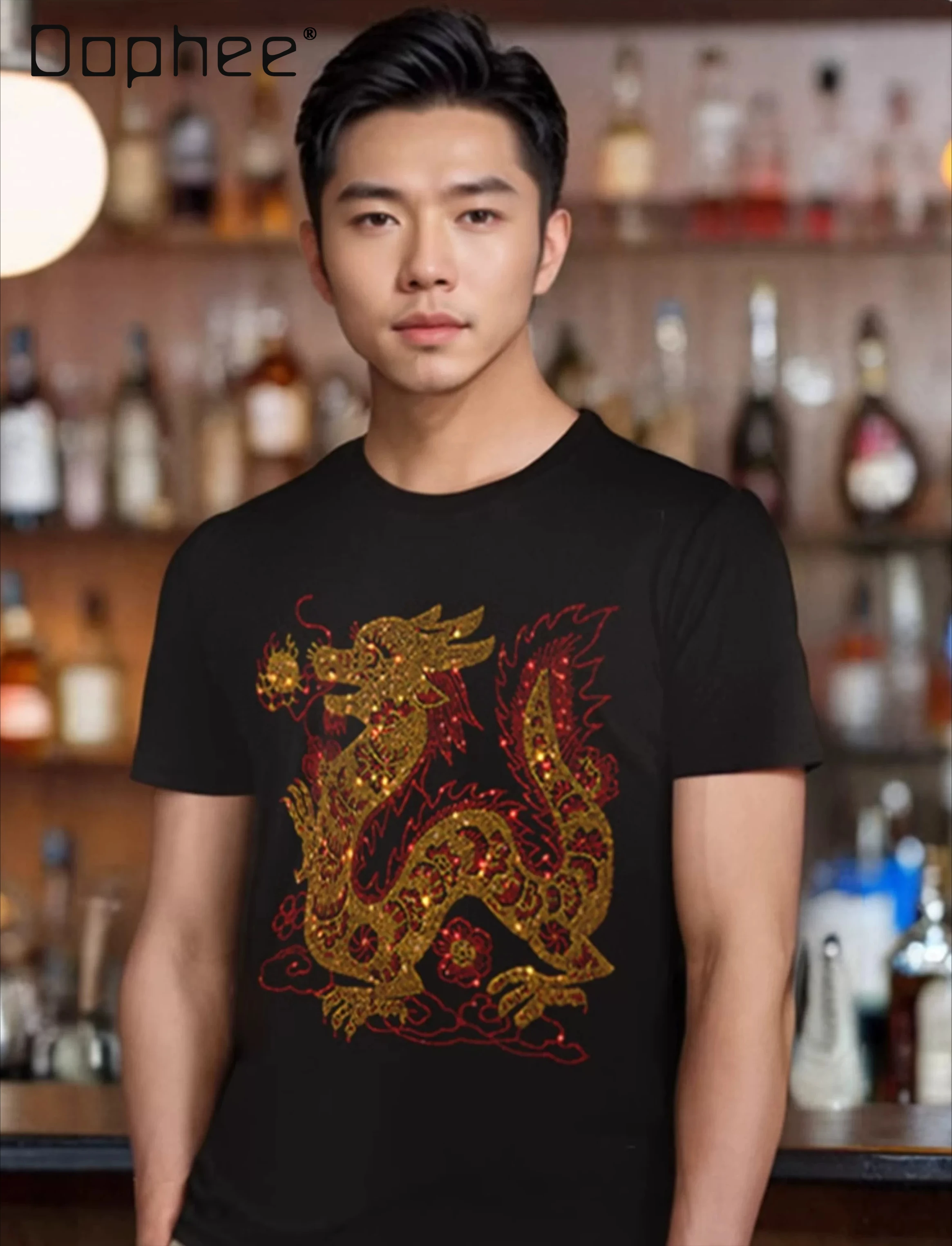 

2026 Summer New Men's Chinese Dragon Rhinestone Fitted Casual Black White Red Round Neck Short Sleeve T-Shirt