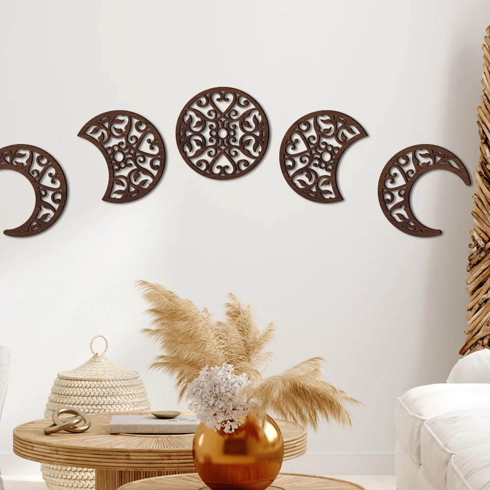 5 Pcs Moon Phase Wood Chip Decoration Playroom Wall Rustic Nordic Home Hanging Wooden Ornament Cycle Artistic