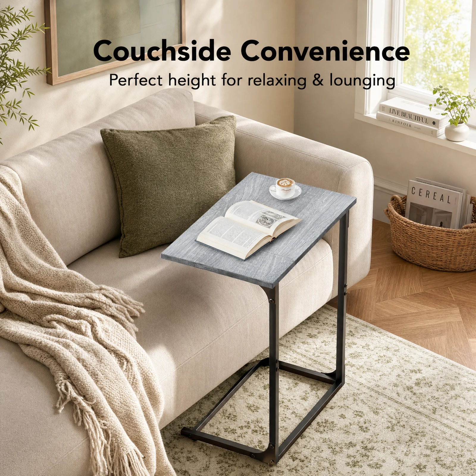C-Shaped Side Table, C Table for Sofa with Two-Piece Desktop & Metal Frame, Large Surface End Table for Living Room, Bedroom, Bedside, Rustic Desig